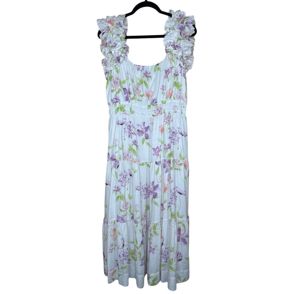 Biltmore Medium Linen Rayon Dress Ruffle StrapsTiered Pockets Cottagecore